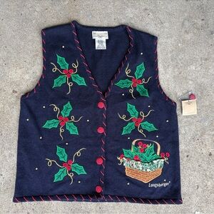 Longaberger vintage dead stock holiday sweater vest Holly & Basket Christmas M